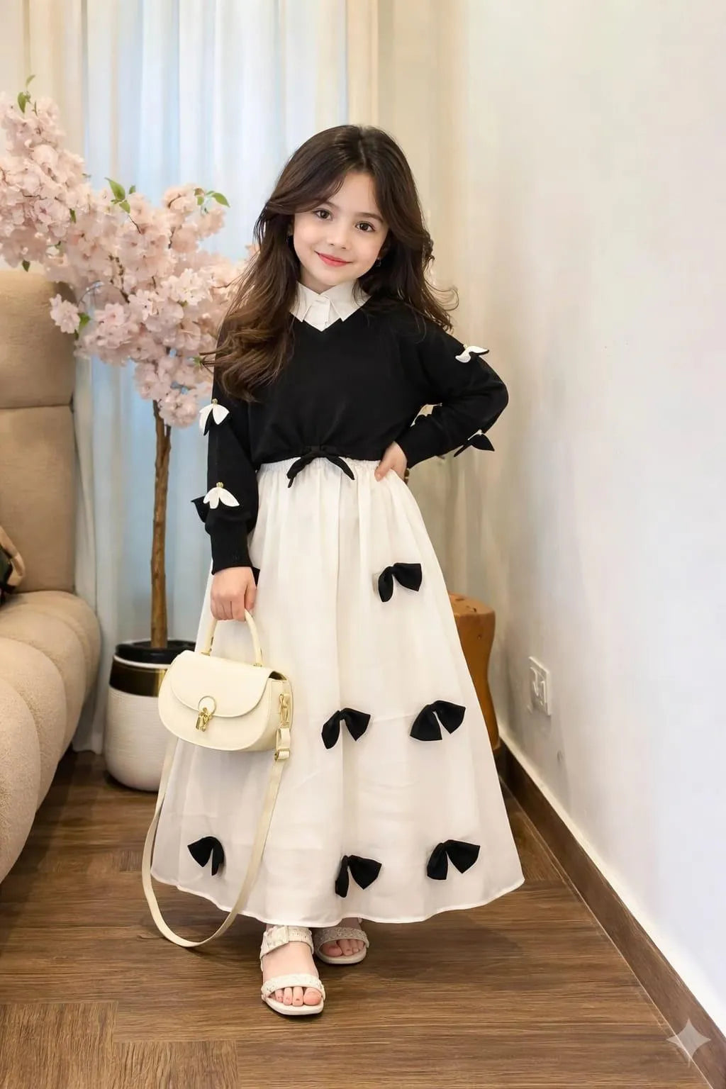Girls Georgette Bow Top Maxi Set Black White