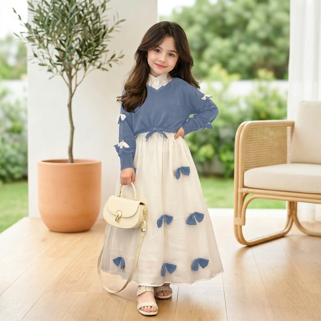 Girls Georgette Bow Maxi Set Blue White 2Pcs