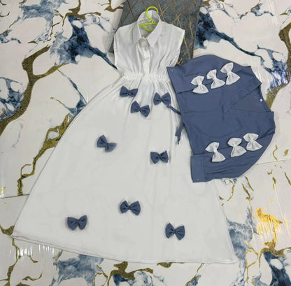 Girls Georgette Bow Maxi Set Blue White 2Pcs