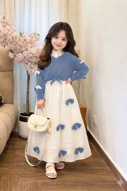 Girls Georgette Bow Maxi Set Blue White 2Pcs