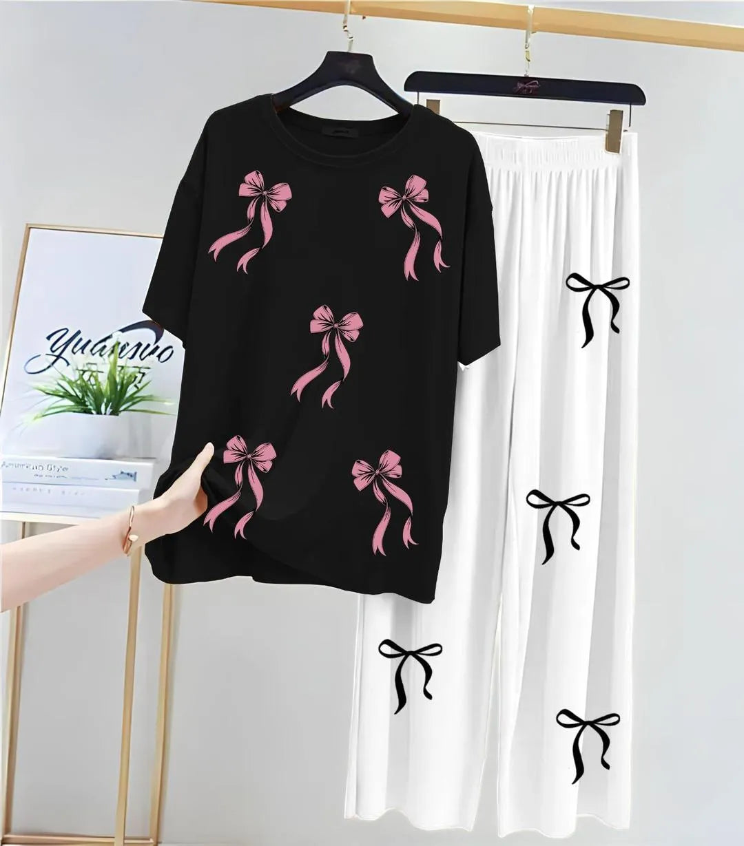 Bow Printed Night Suit for Girls White Black