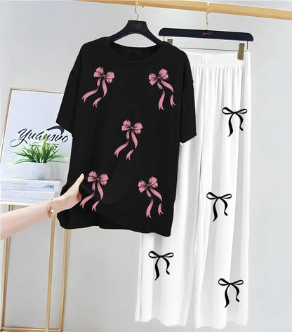 Bow Printed Night Suit for Girls White Black