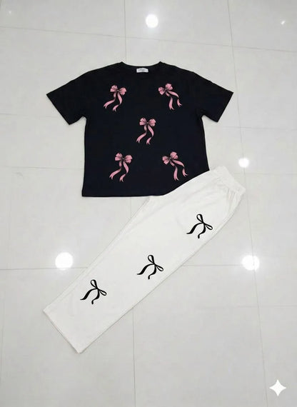 Bow Printed Night Suit for Girls White Black